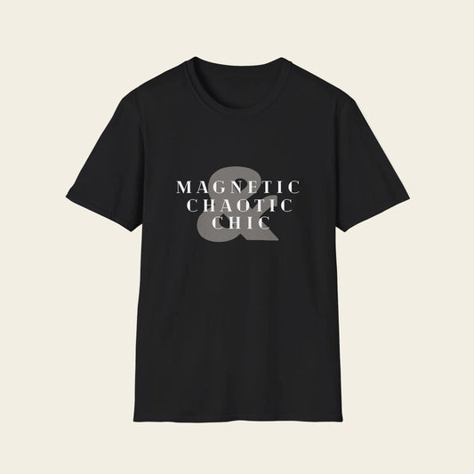 Black t-shirt with a mole in a beaker graphic and 'Magnetic Chaotic Chic' text on a white background