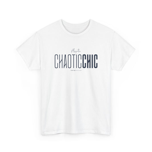 White Magnetic CHAOTICCHIC graphic T-shirt featuring dark navy typography, handwritten Magnetic detail and CHTQ Design lettering on a white background.
