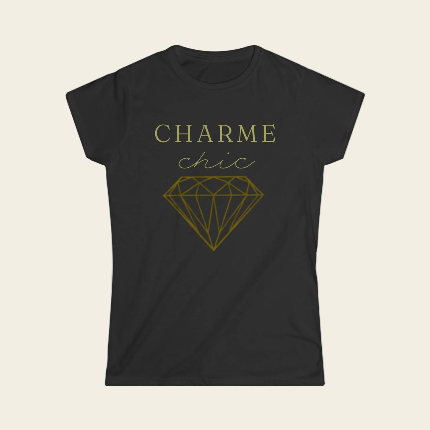 Black t-shirt with 'Charme Chic' text on a background