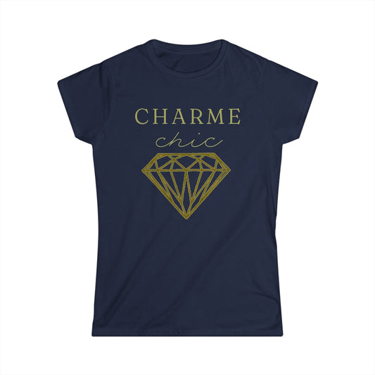 A navy blue short-sleeve t-shirt with a gold graphic print on the front that reads 'CHARME chic' above a large outlined diamond, shown on a plain white background.