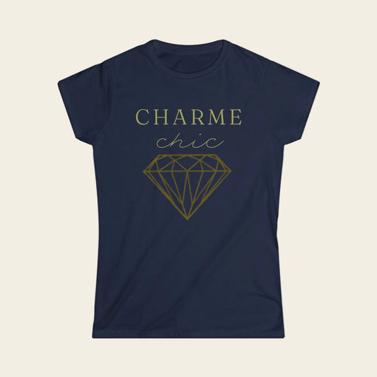 A navy blue short-sleeve t-shirt with a gold graphic print on the front that reads 'CHARME chic' above a diamond outline, shown against a plain white background.