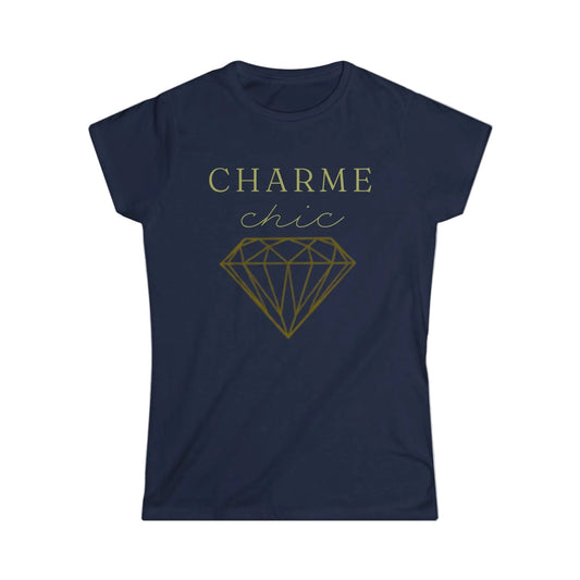 Navy blue Charme Chic Diamond T-shirt featuring gold typography and a diamond graphic on the front, displayed against a white background.