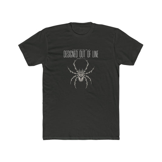 UNSPIDERABLY Designed Out of Line charcoal gray graphic T-shirt featuring intricate silver-gray spider artwork and white typography, front view