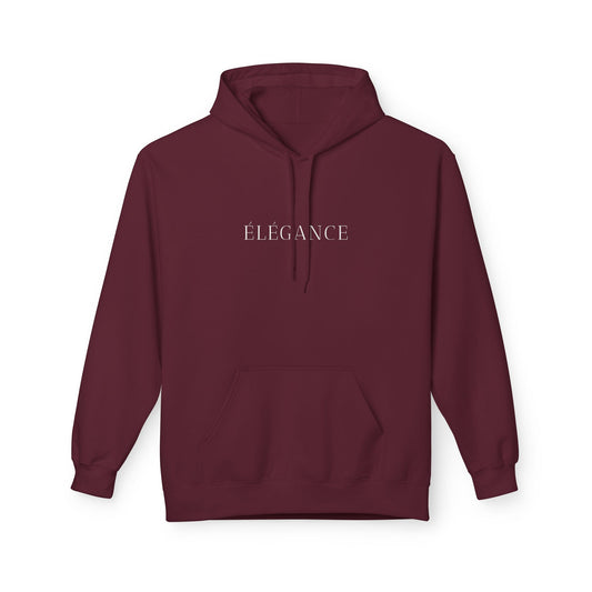 Dark red ÉLÉGANCE graphic hoodie with minimalist white French-inspired typography, displayed on a clean white background.
