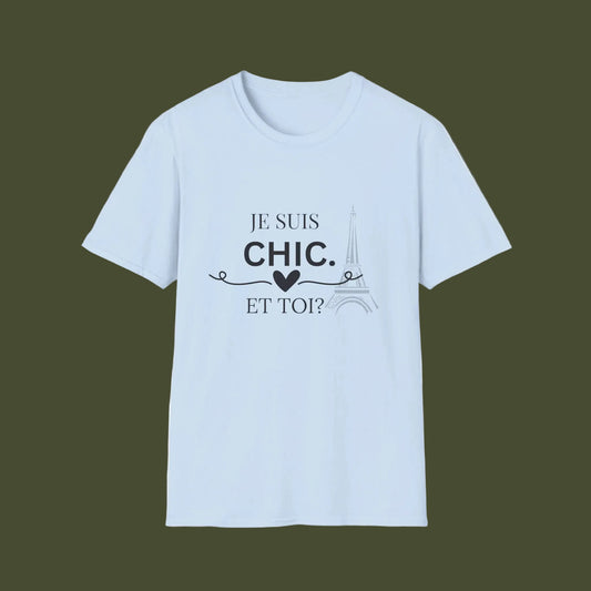 Light blue t-shirt with black text and design on background
