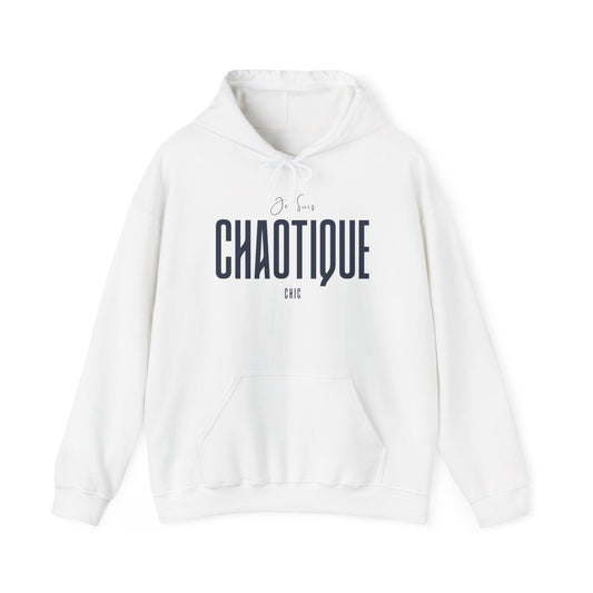 White Je Suis CHAOTIQUE CHIC pullover hoodie with dark navy typography, drawstring hood and front kangaroo pocket.