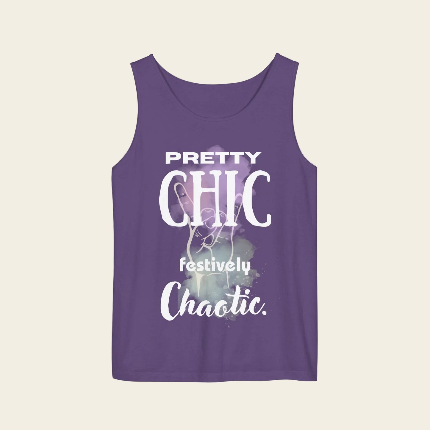 Tank top with text 'pretty chic festively chaotic´, color lila