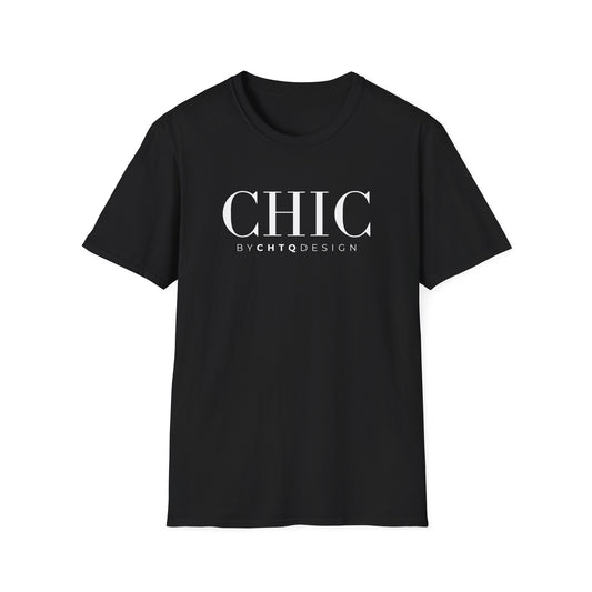 CHIC by CHTQ Design Women’s Graphic T-Shirt in black with white typography on the front.