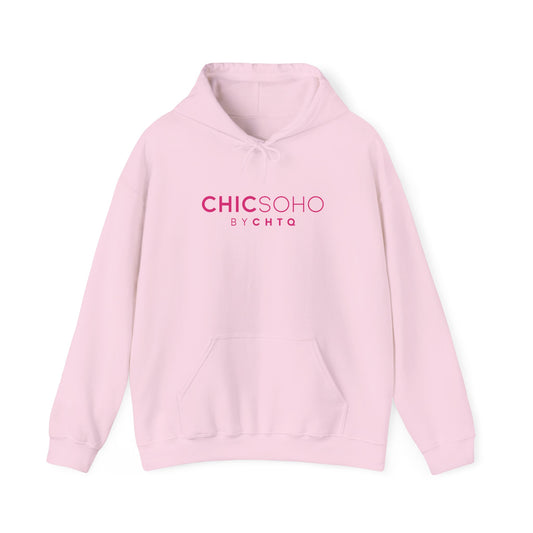 Light pink pullover hoodie with a pink CHICSOHO BY CHTQ logo printed on the chest, displayed on a clean white background.