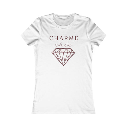 A white short-sleeve crewneck t-shirt with a graphic print on the front. The print features the text 'CHARME chic' in a dark burgundy font above a matching line-art diamond illustration.