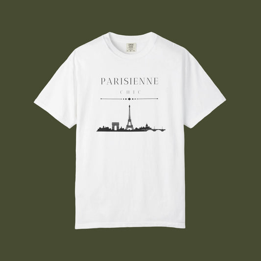 A white short-sleeve crewneck t-shirt featuring a black graphic print of the Paris skyline with the text 'PARISIENNE CHIC' above it, displayed on a clean white background.
