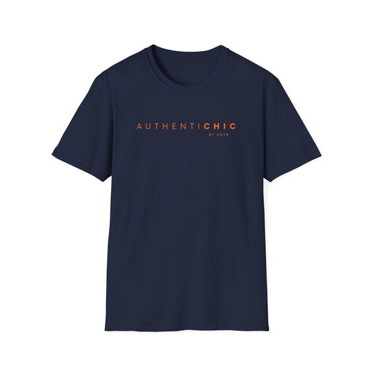 Navy blue AuthentiCHIC graphic T-shirt with orange typography, displayed on a clean white background.