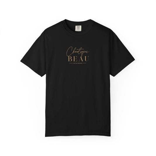 Black Chaotique Beau CHTQ Design graphic T-shirt with a gold-toned front print, shown against a white background.