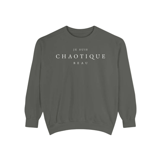 Gray sweatshirt with a small logo on a white background
