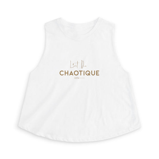 A white sleeveless muscle tank top with a gold graphic print on the front reading 'L'Art du CHAOTIQUE', displayed on a clean white background.