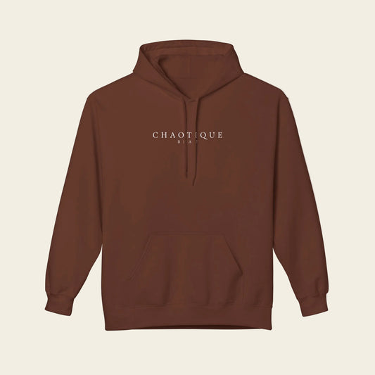 Brown hoodie with a dragon design on the chest against a white background