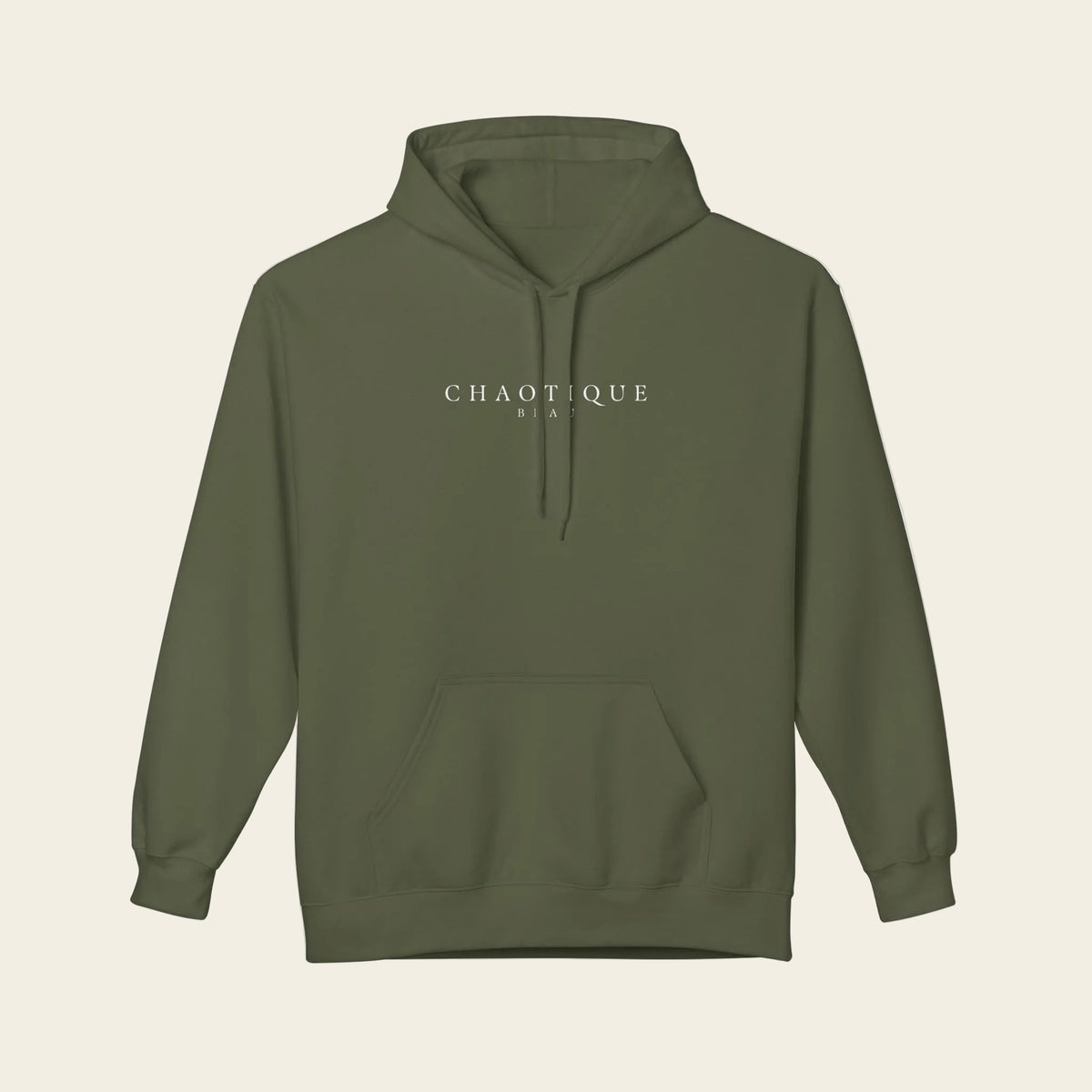 Green hoodie with a logo on the chest against a white background
