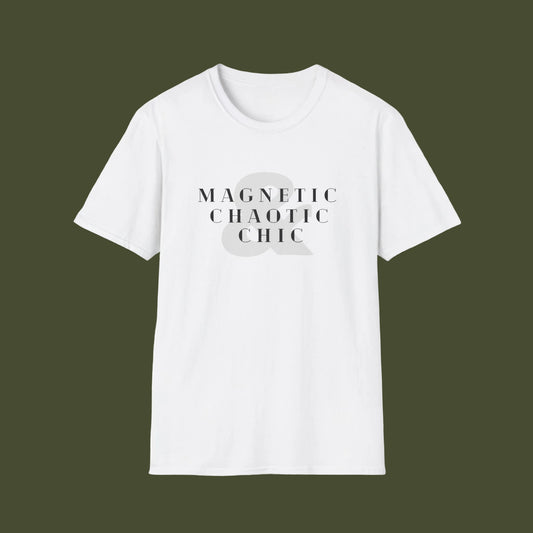 White t-shirt with forest design and 'Magnetic Chaotic Chic' text on a white background