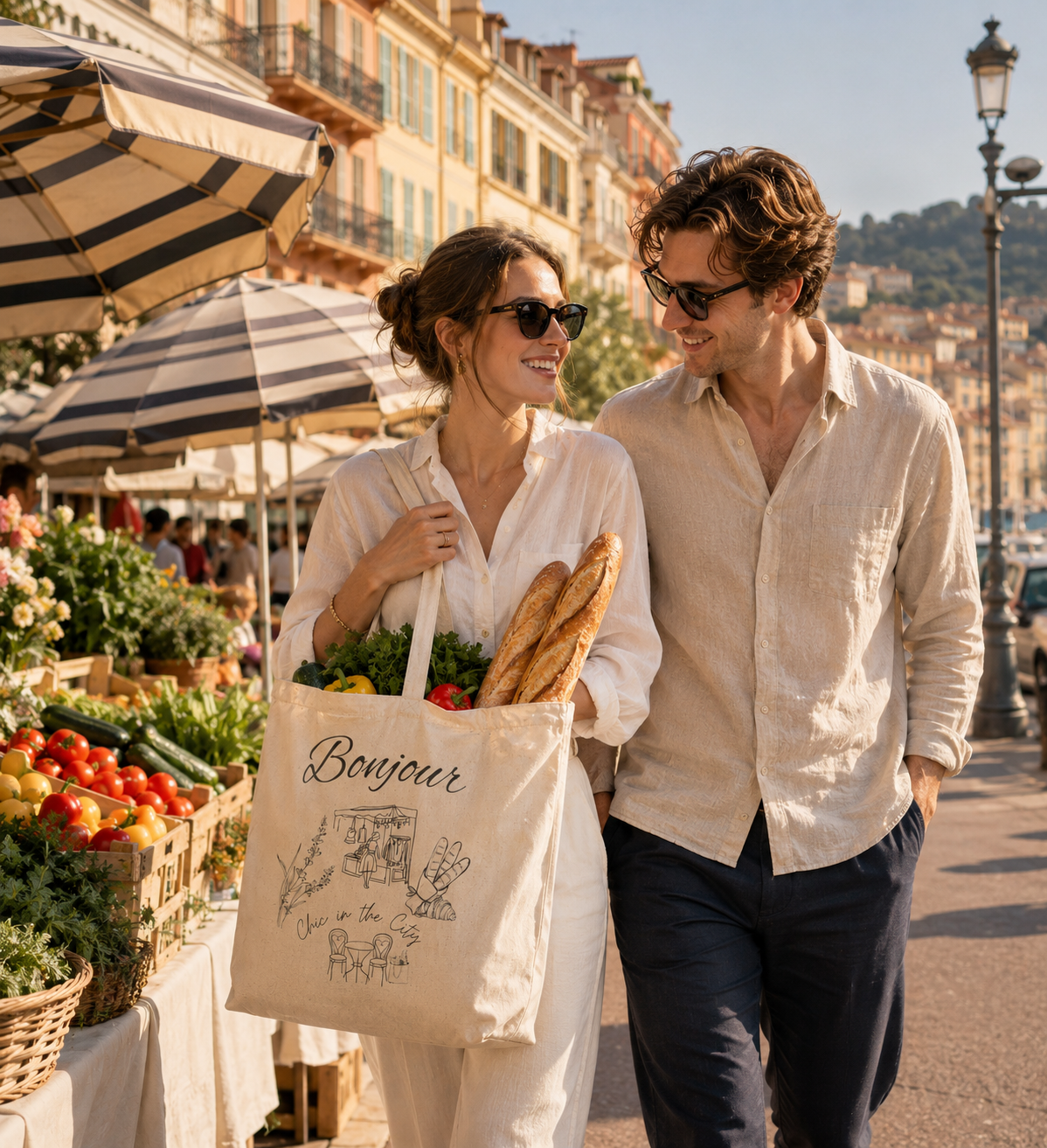 A couple walking arm in arm on a sunny outdoor market street. The woman carries a cream canvas tote bag printed with the word 'Bouygour' and illustrated characters, filled with vegetables and bread.