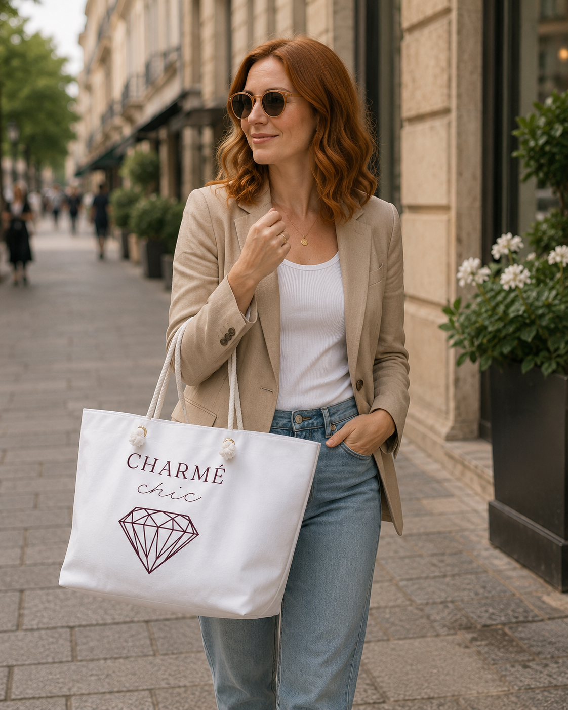 Woman walking on a street and wearing white weekender bag with text 'charme chic'