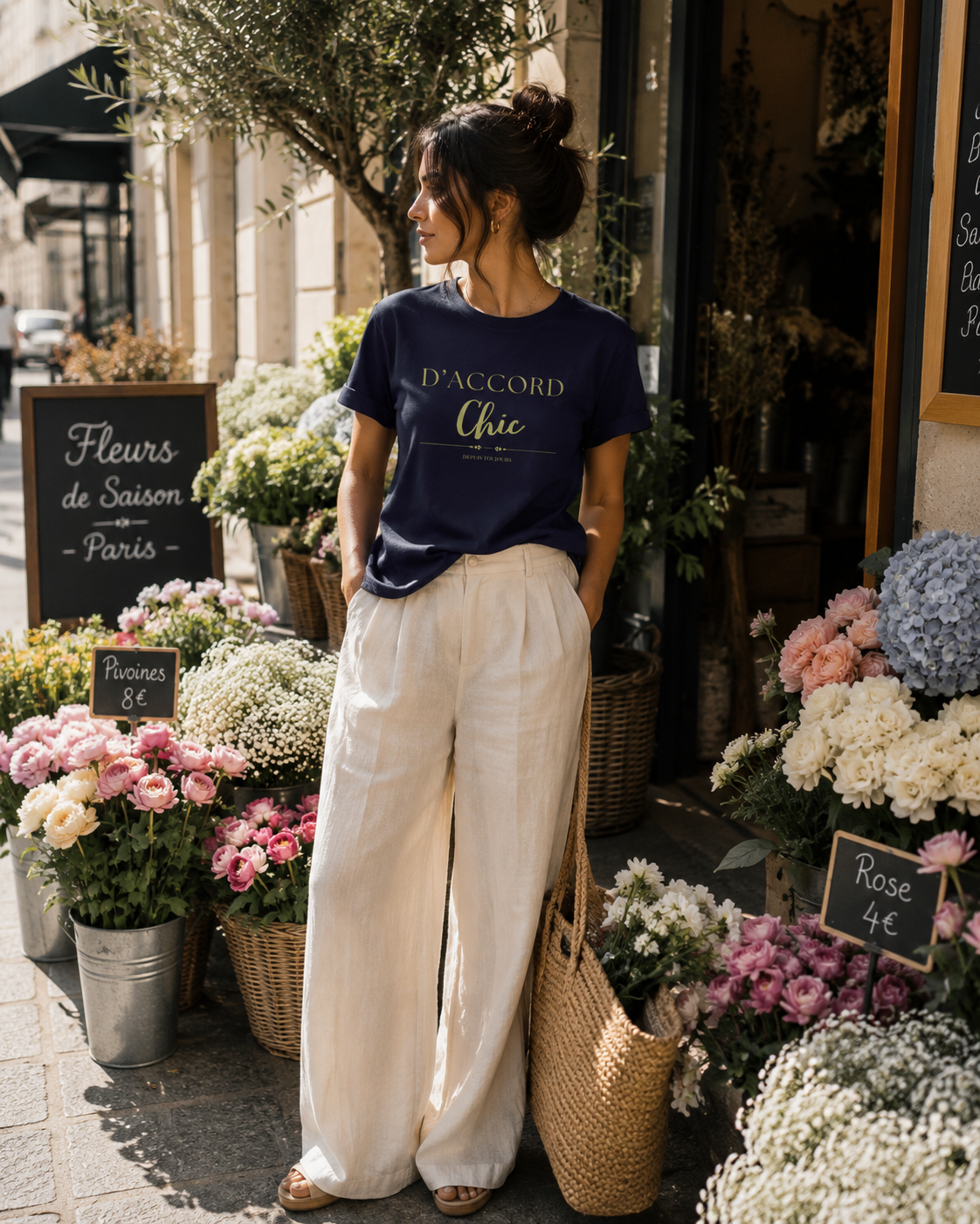 Woman standing in front of a flower shop wearing a navy D’Accord Chic graphic T-shirt, cream wide-leg trousers and carrying a woven tote bag.