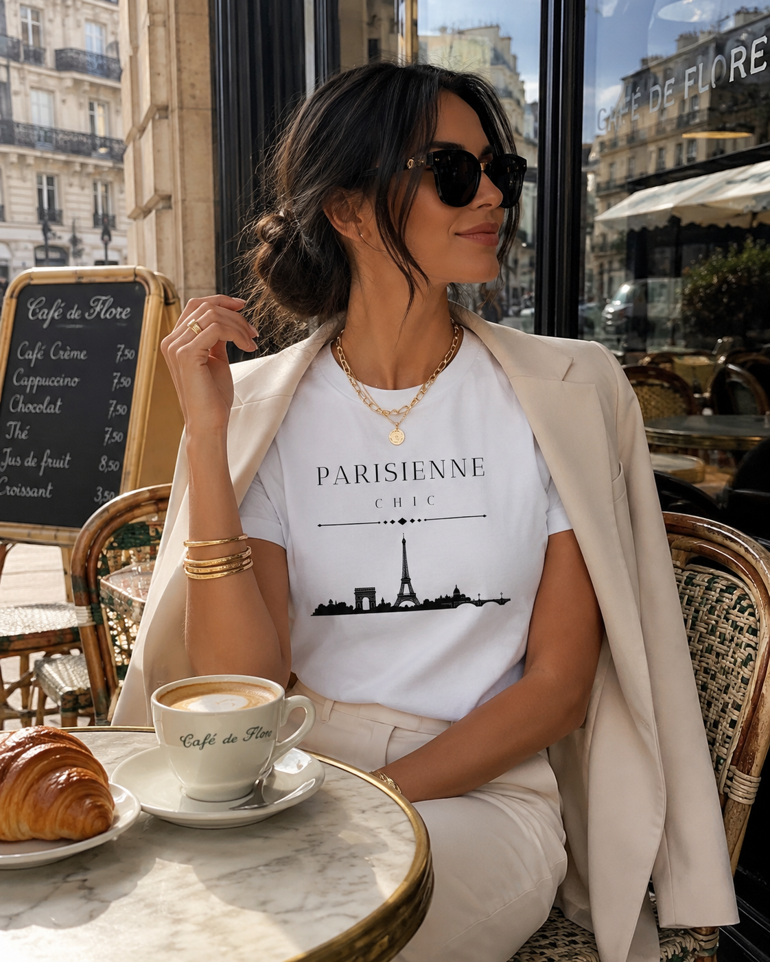 A woman sitting at a Parisian-style cafe table wearing a white graphic t-shirt with 'PARISIANNE CHIC' and a black Eiffel Tower print, styled with a cream blazer, cream trousers, and gold jewelry. A cup of coffee and a croissant are on the table in front of her.