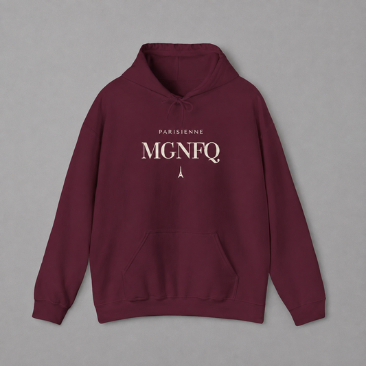 Maroon PARISIENNE MGNFQ graphic hoodie featuring cream typography and a small Eiffel Tower detail, shown against a light gray studio background.