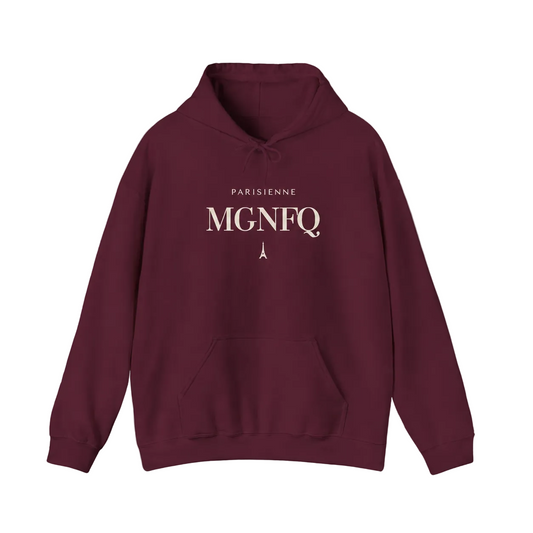 Maroon PARISIENNE MGNFQ graphic hoodie featuring cream typography and a small Eiffel Tower detail, shown against a light gray studio background.