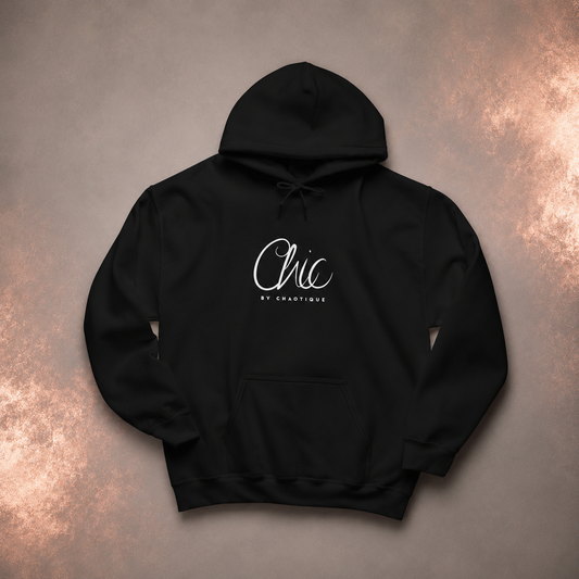 Black Chic by Chaotique pullover hoodie featuring an elegant white script logo on the chest and a minimalist everyday design.