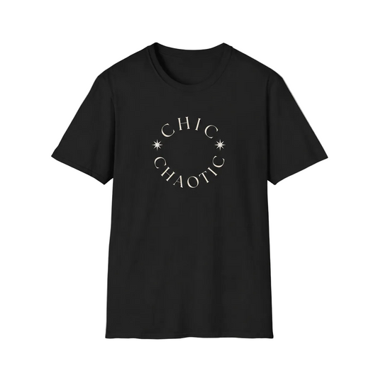 A black graphic T-shirt featuring a circular 'CHIC CHAOTIC' print with star details on the front, displayed against a plain white background.