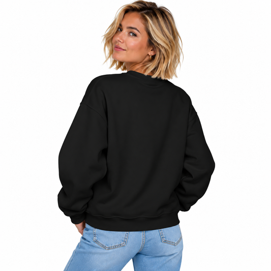Woman modelling the plain back of black LA VIE CHAOTIQUE crewneck sweatshirt