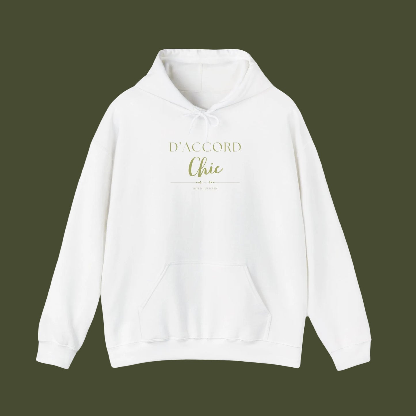 White hoodie with 'D'Accord Chic' text in gold on a white background