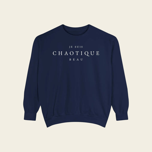Navy blue sweatshirt with text on a white background