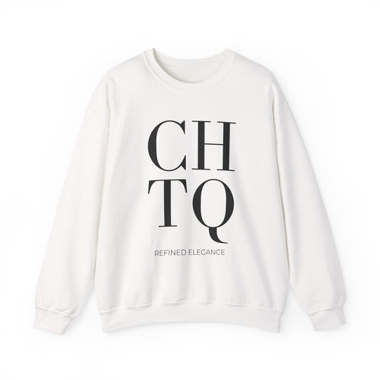 An off-white crewneck sweatshirt featuring a bold black graphic print on the front that reads 'CHTQ' with 'REFINED ELEGANCE' printed underneath in smaller text.