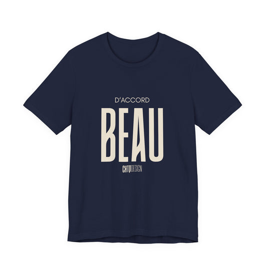 Navy blue D'Accord BEAU t-shirt with white text on a white background