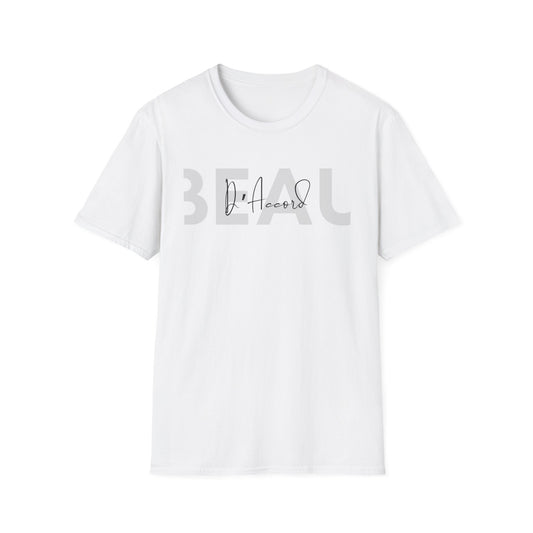 A white short-sleeve crewneck t-shirt with a graphic on the chest reading 'BEAU' in a large, faded gray font, with 'D'Accord' written in a black script font in the center.