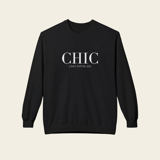 Black sweatshirt with 'CHIC L'art D'etre soi' text on a white background