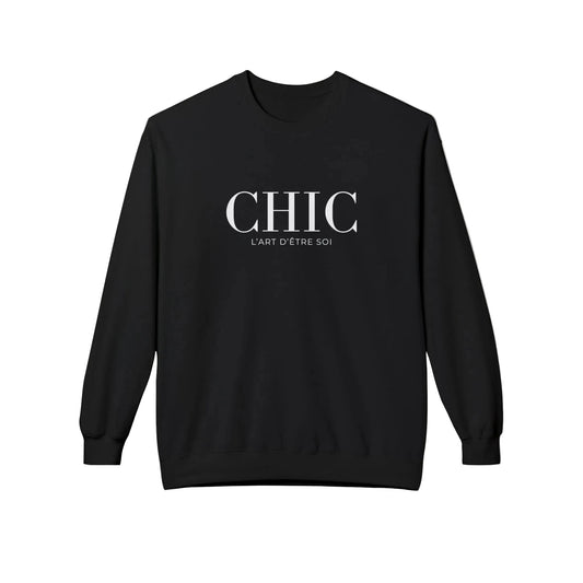 Black sweatshirt with 'CHIC L'art D'etre soi' text on a white background