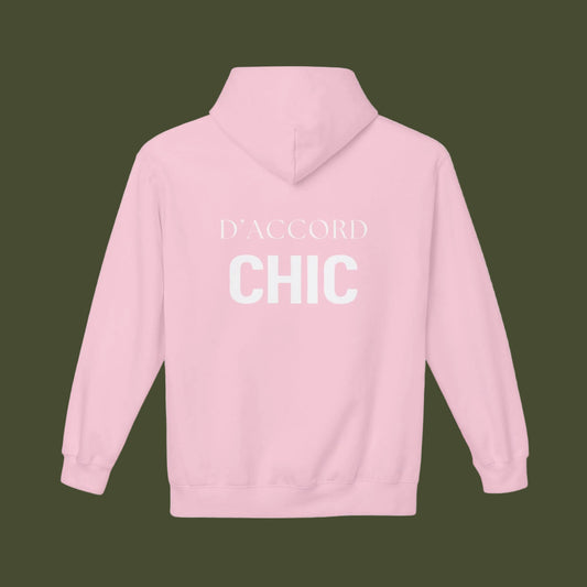 Pink hoodie with text on the back on a white background