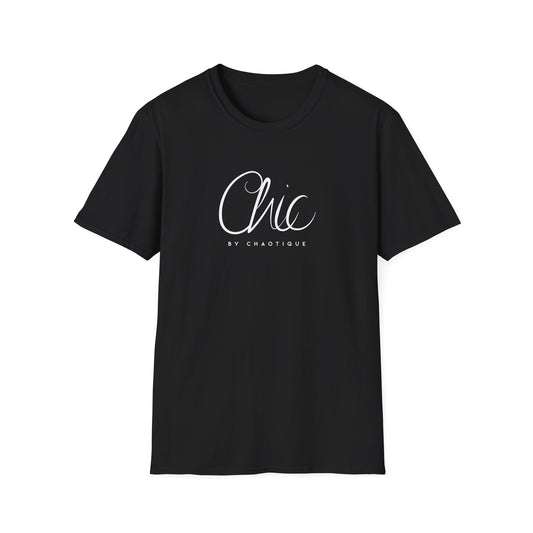Black graphic T-shirt featuring white Chic by Chaotique typography on the front.