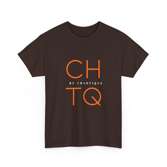 A dark brown short-sleeve crewneck t-shirt featuring a graphic print on the front with the letters 'CHTQ' in orange, separated by the text 'BY CHAOTIQUE' in smaller white letters.