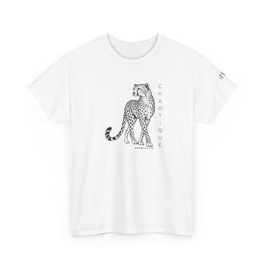White CHAOTIQUE graphic T-shirt with hand-drawn cheetah illustration, vertical CHAOTIQUE text and CHTQ Design details.