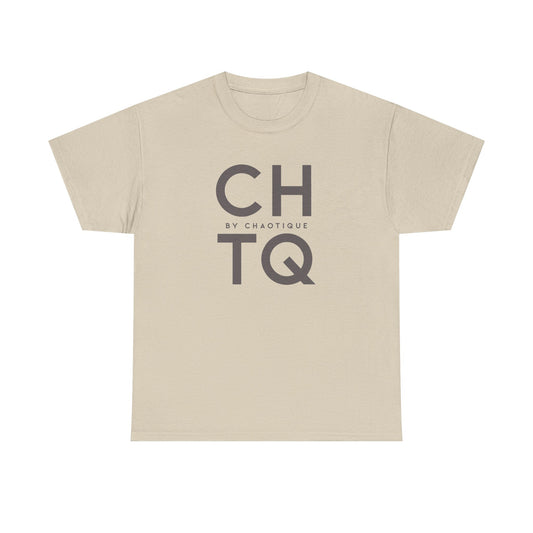 A beige CHTQ BY CHAOTIQUE graphic T-shirt featuring a dark gray typographic print on the front, displayed against a clean white background.