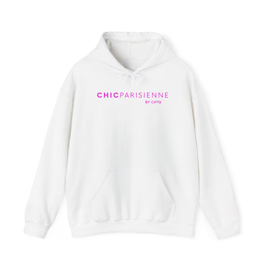 A white pullover hoodie featuring pink “CHIC PARISIENNE BY CHTQ” text printed across the chest, displayed against a clean white background.