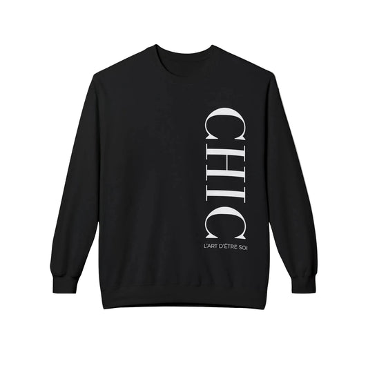 A black crewneck sweatshirt with a vertical white graphic print reading 'CHIC' and 'L'ART D'ETRE SOI' on the front, displayed against a solid white background.
