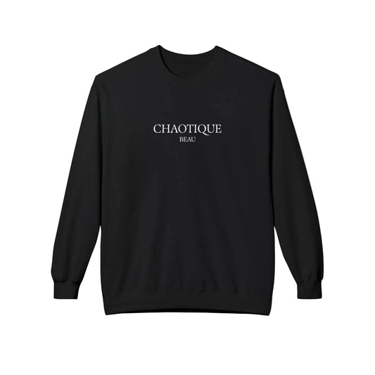 Black crewneck sweatshirt featuring the “Chaotique Beau” graphic in white on the left chest, displayed against a white background.