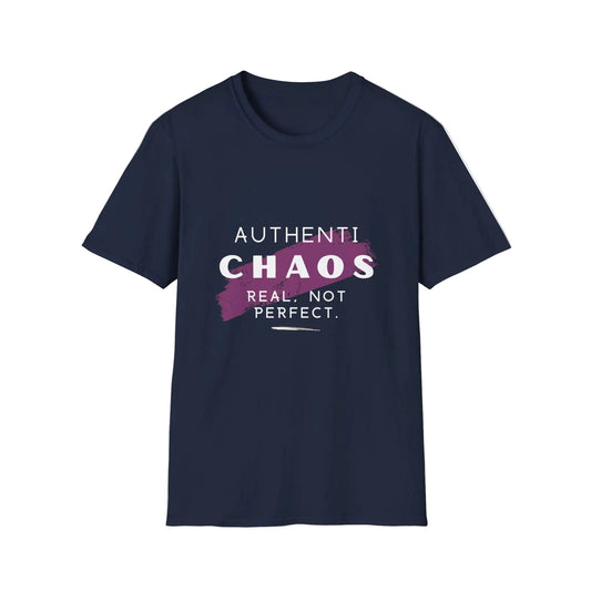 Navy blue short-sleeve crewneck T-shirt featuring the “Authentic Chaos — Real, Not Perfect” graphic in white over a magenta brushstroke on the front.