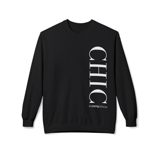 A black crewneck sweatshirt with a large vertical white 'CHIC' graphic and smaller 'BY CHTQ DESIGN' text on the front, displayed against a plain white background.