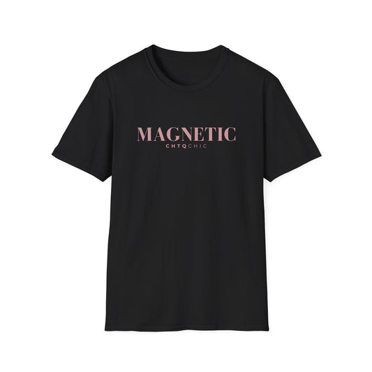 A black short-sleeve graphic T-shirt featuring pink 'MAGNETIC' text with smaller 'CHTQ CHIC' lettering underneath, displayed against a clean white background.