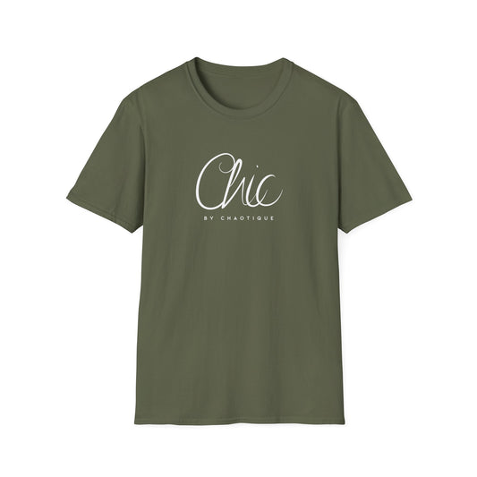 Chic by Chaotique graphic T-shirt in military green with elegant white Chic script lettering on the front.